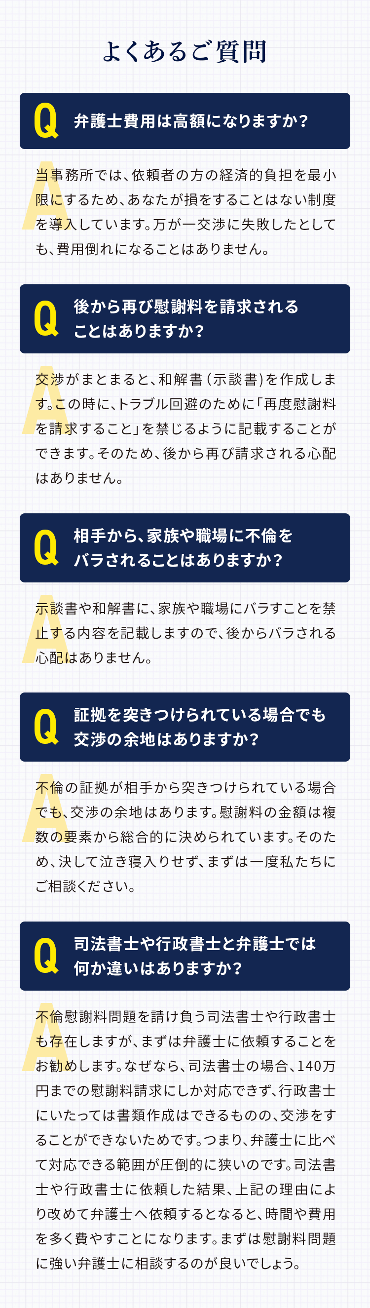 よくあるご質問 Q.不倫相手が誰か分かりません A.不倫相手が不明でも問題ありません。電話番号がわかれば、弁護士が住所を調べ、本人を見つけることも可能だからです。現状で不倫相手が分からなくても、まずは一度ご相談ください。 Q.不倫相手から、後から家族や職場にバラされることはない？ A.示談書、和解書に家族や職場にバラすことを禁止する内容を記載することができれば、後からバラされる心配はありません。 Q.司法書士や行政書士と弁護士では何か違いはありますか？ A.不倫慰謝料問題を請け負う司法書士や行政書士も存在しますが、まずは弁護士に依頼することをお勧めします。なぜなら、司法書士の場合、140万円までの慰謝料請求にしか対応できず、行政書士にいたっては書類作成はできるものの、交渉をすることができないためです。つまり、弁護士に比べて対応できる範囲が圧倒的に狭いのです。司法書士や行政書士に依頼した結果、上記の理由により改めて弁護士へ依頼するとなると、時間や費用を多く費やすことになります。まずは慰謝料問題に強い弁護士に相談するのが良いでしょう。